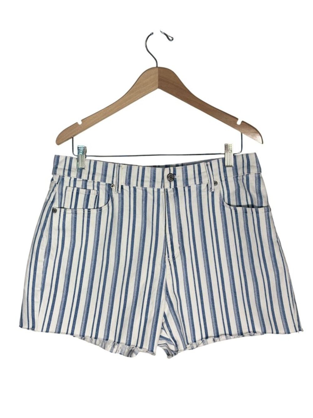 LOFT Blue & White Striped High-Rise Cutoff Denim Shorts Size 12 - Picture 1 of 8